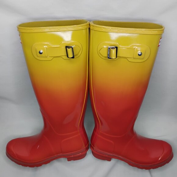 Hunter Boots Rain Tall Glossy Wellies Like New Rare Sunset Ombre Coral Yellow 7 - Picture 9 of 16